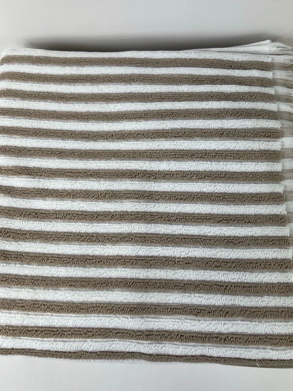 2 Rachel Zoe Bath Sheet Set 34” x 64” Tan White Striped Fringe Cotton Towels 2
